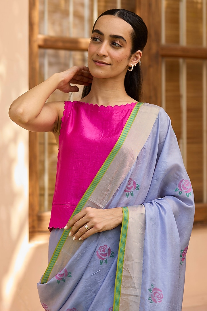 Pink Handwoven Mulberry Silk Cutwork Blouse by Surmaye at Pernia's Pop Up Shop