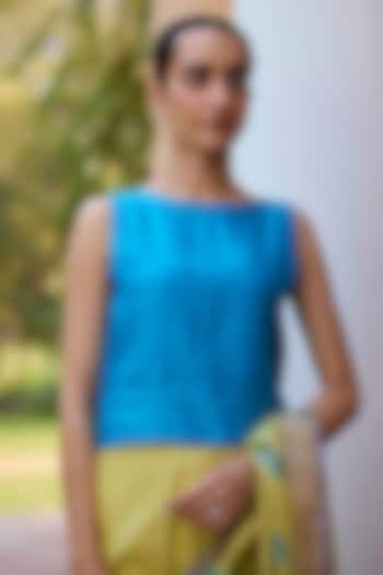 Blue Handwoven Mulberry Silk Cutwork Blouse by Surmaye  at Pernia's Pop Up Shop