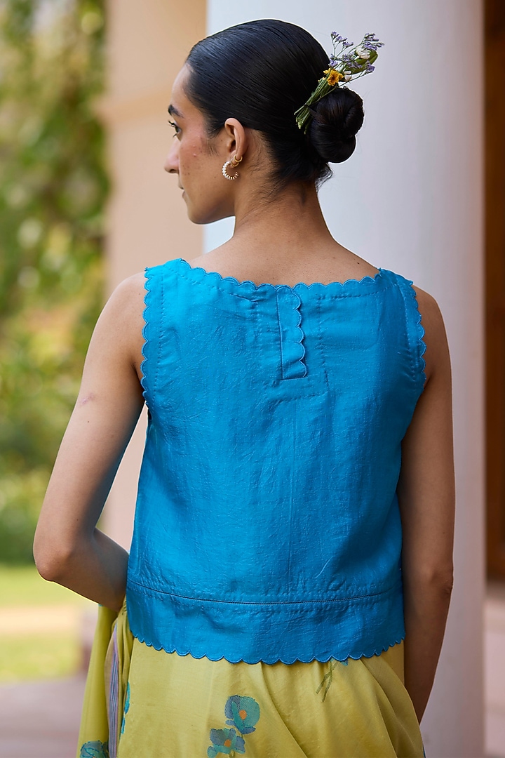 Blue Handwoven Mulberry Silk Cutwork Blouse by Surmaye at Pernia's Pop Up Shop