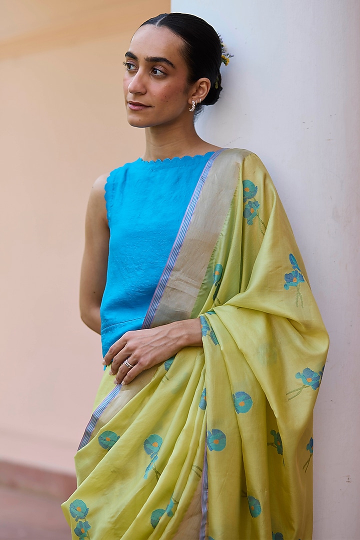 Blue Handwoven Mulberry Silk Cutwork Blouse by Surmaye at Pernia's Pop Up Shop