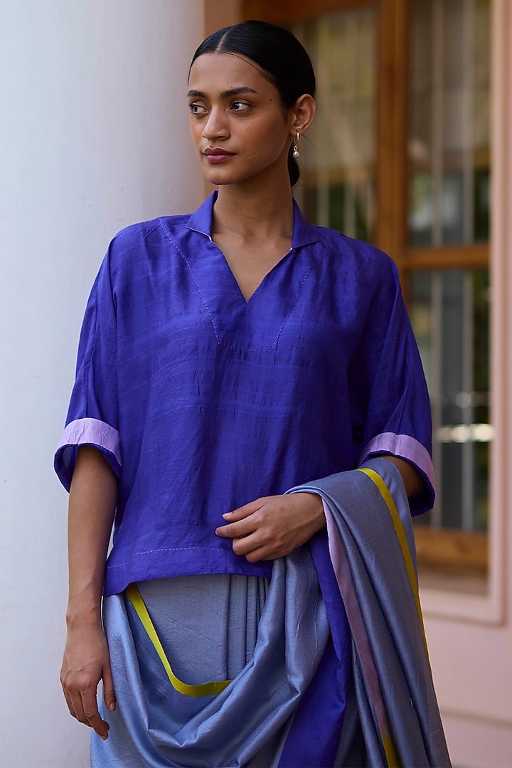 Purple Handwoven Mulberry Silk Blouse by Surmaye  at Pernia's Pop Up Shop