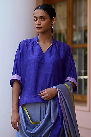 Purple Handwoven Mulberry Silk Blouse by Surmaye 