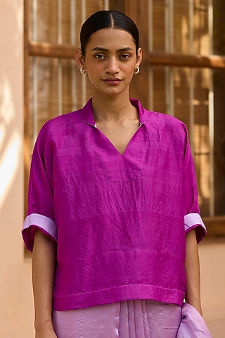 Pink Handwoven Mulberry Silk Blouse by Surmaye 