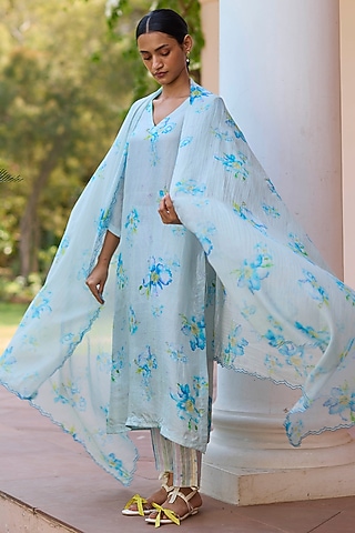Blue Handwoven Sooti Chanderi Floral Printed Dupatta by Surmaye 