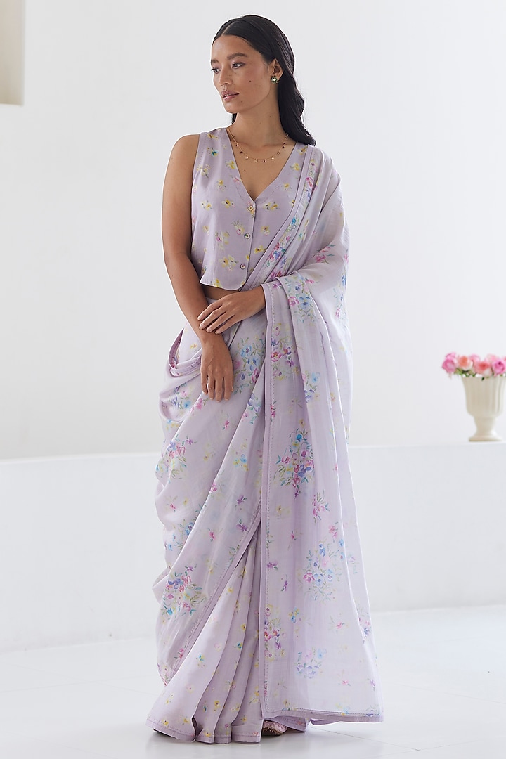 Mauve Handwoven Organza Mulberry Silk Floral Printed Party Wear Saree by Surmaye at Pernia's Pop Up Shop
