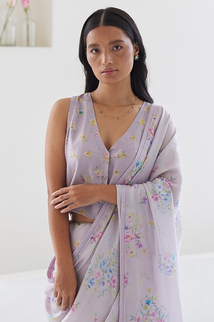 Mauve Handwoven Organza Mulberry Silk Floral Printed Party Wear Saree by Surmaye at Pernia's Pop Up Shop