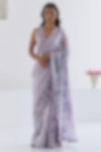 Mauve Handwoven Organza Mulberry Silk Floral Printed Party Wear Saree by Surmaye at Pernia's Pop Up Shop
