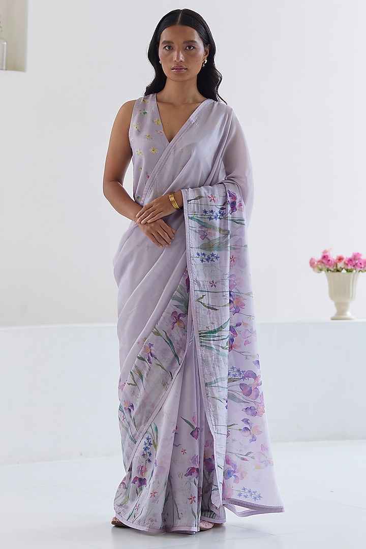Mauve Handwoven Organza Mulberry Silk Floral Printed Party Wear Saree by Surmaye at Pernia's Pop Up Shop
