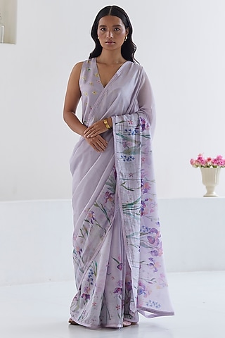 Mauve Handwoven Organza Mulberry Silk Floral Printed Saree by Surmaye