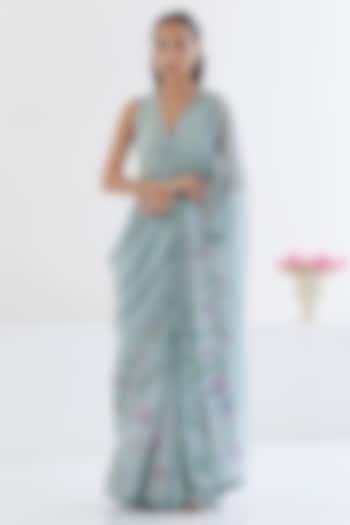 Blue Handwoven Organza Mulberry Silk Floral Printed Party Wear Saree by Surmaye at Pernia's Pop Up Shop