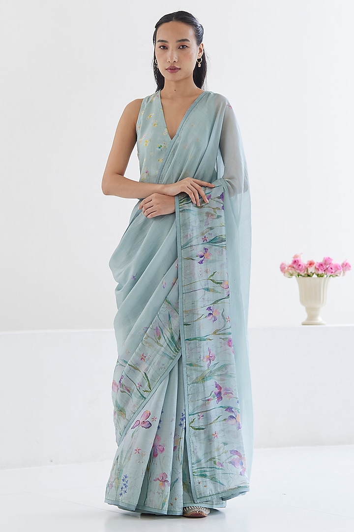 Blue Handwoven Organza Mulberry Silk Floral Printed Party Wear Saree by Surmaye at Pernia's Pop Up Shop