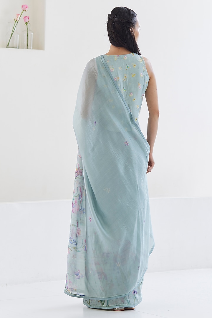 Blue Handwoven Organza Mulberry Silk Floral Printed Party Wear Saree by Surmaye at Pernia's Pop Up Shop