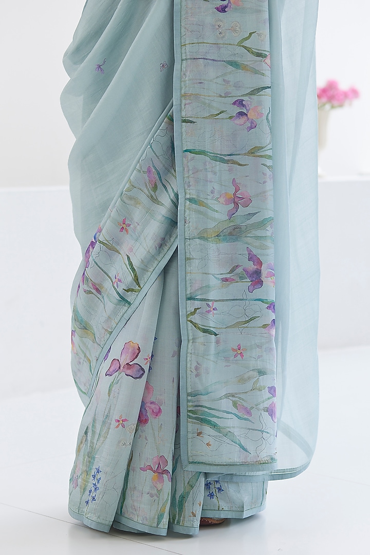 Blue Handwoven Organza Mulberry Silk Floral Printed Party Wear Saree by Surmaye at Pernia's Pop Up Shop
