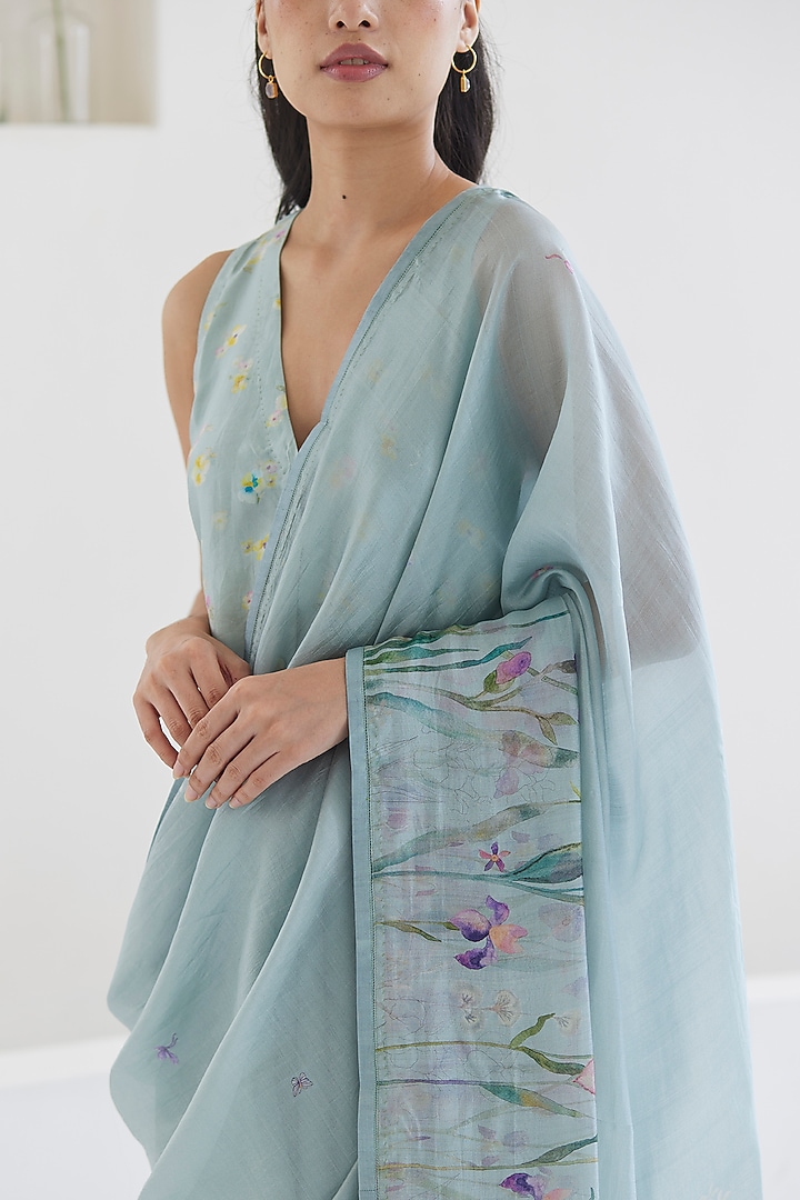 Blue Handwoven Organza Mulberry Silk Floral Printed Party Wear Saree by Surmaye at Pernia's Pop Up Shop