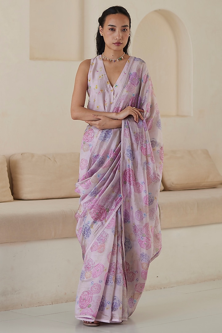 Pink Handwoven Organza Mulberry Silk Floral Printed Party Wear Saree by Surmaye at Pernia's Pop Up Shop
