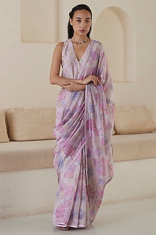 Pink Handwoven Organza Mulberry Silk Floral Printed Saree by Surmaye