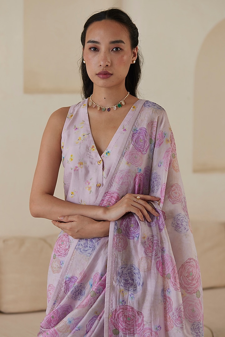 Pink Handwoven Organza Mulberry Silk Floral Printed Party Wear Saree by Surmaye at Pernia's Pop Up Shop