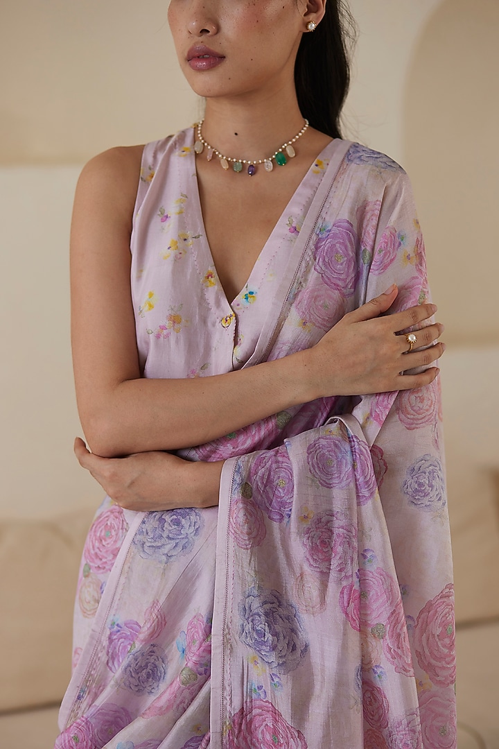 Pink Handwoven Organza Mulberry Silk Floral Printed Party Wear Saree by Surmaye at Pernia's Pop Up Shop
