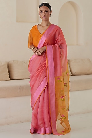 Rose Pink & Orange Mulberry Silk Jamdani Motifs Saree by Surmaye