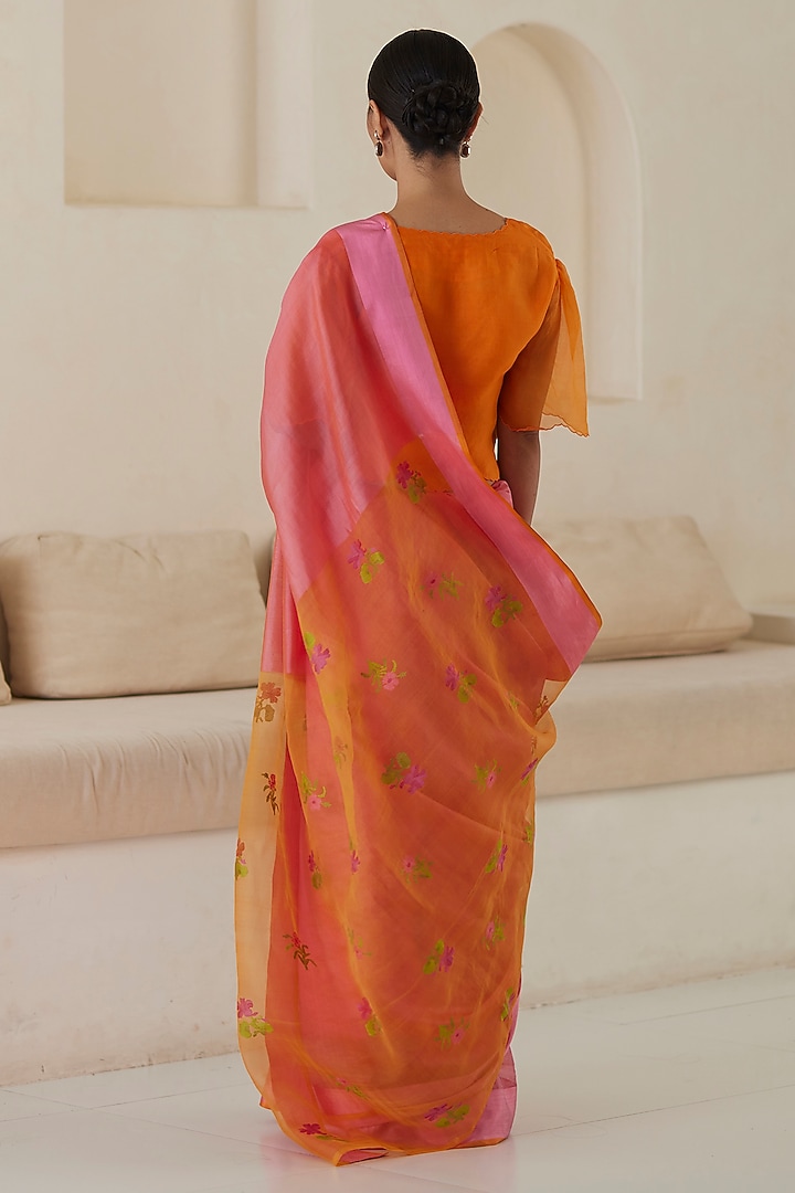 Rose Pink & Orange Mulberry Silk Jamdani Motifs Party Wear Saree by Surmaye at Pernia's Pop Up Shop