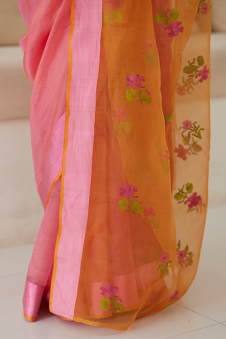 Rose Pink & Orange Mulberry Silk Jamdani Motifs Party Wear Saree by Surmaye at Pernia's Pop Up Shop
