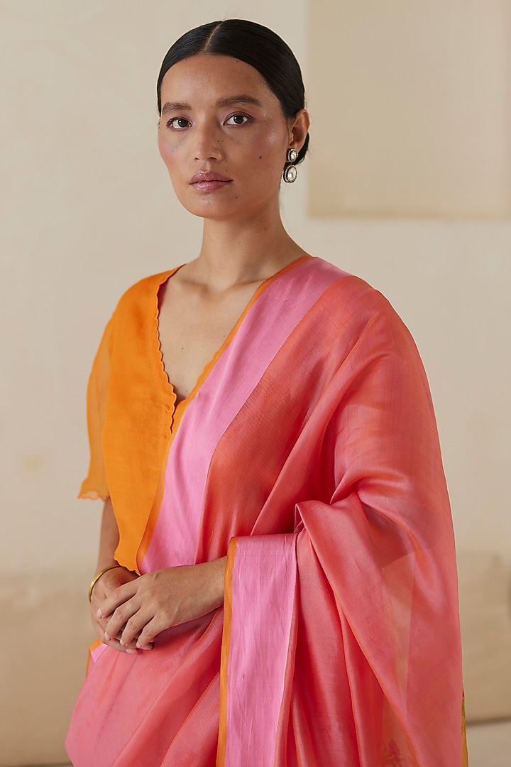Rose Pink & Orange Mulberry Silk Jamdani Motifs Party Wear Saree by Surmaye at Pernia's Pop Up Shop