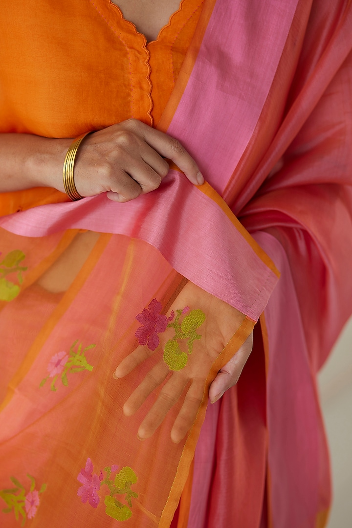 Rose Pink & Orange Mulberry Silk Jamdani Motifs Party Wear Saree by Surmaye at Pernia's Pop Up Shop