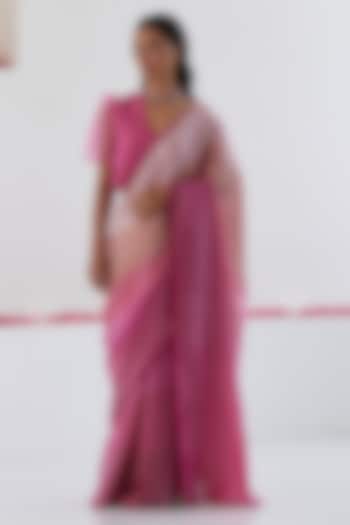 Pink Handwoven Organza Silk Satin Striped Party Wear Saree by Surmaye at Pernia's Pop Up Shop