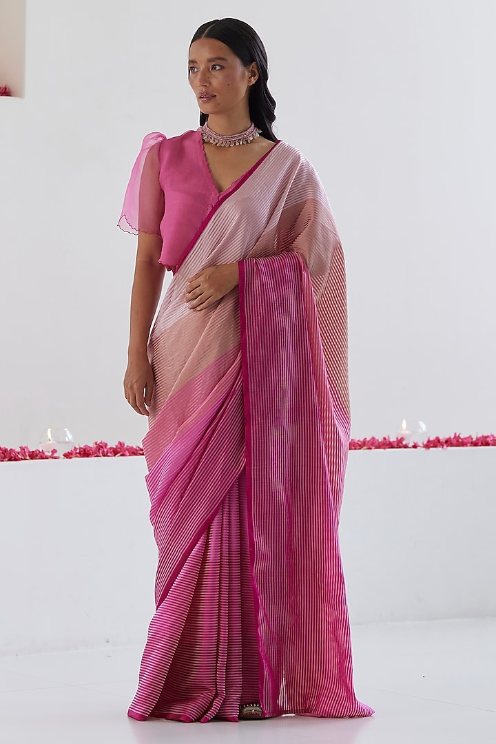 Pink Handwoven Organza Silk Satin Striped Party Wear Saree by Surmaye at Pernia's Pop Up Shop