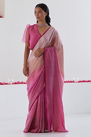 Pink Handwoven Organza Silk Satin Striped Saree by Surmaye