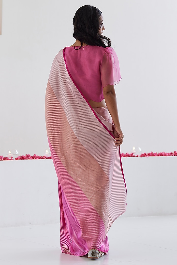 Pink Handwoven Organza Silk Satin Striped Party Wear Saree by Surmaye at Pernia's Pop Up Shop