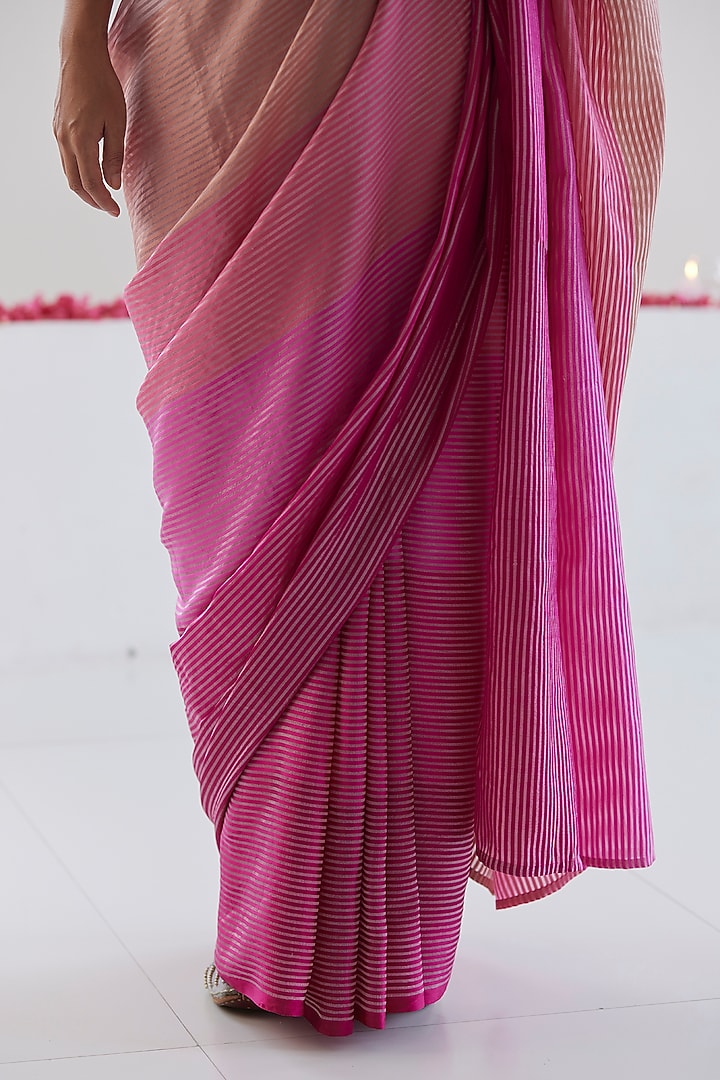 Pink Handwoven Organza Silk Satin Striped Party Wear Saree by Surmaye at Pernia's Pop Up Shop