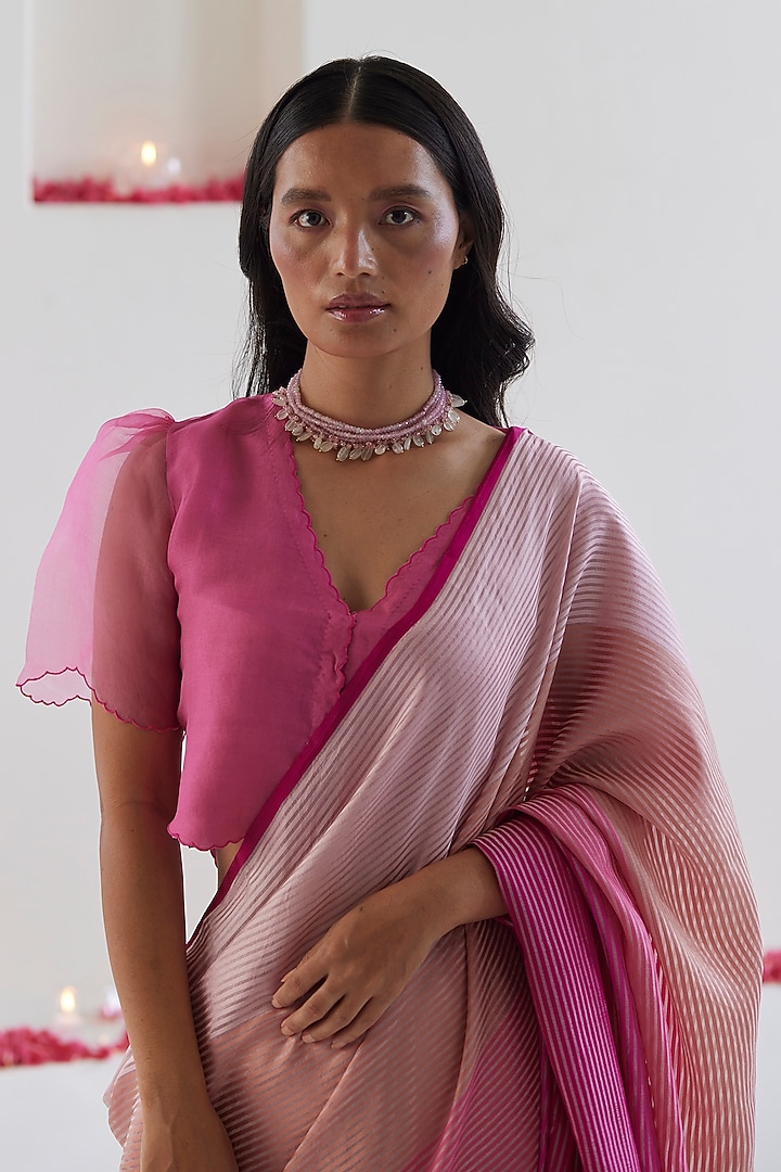 Pink Handwoven Organza Silk Satin Striped Party Wear Saree by Surmaye at Pernia's Pop Up Shop
