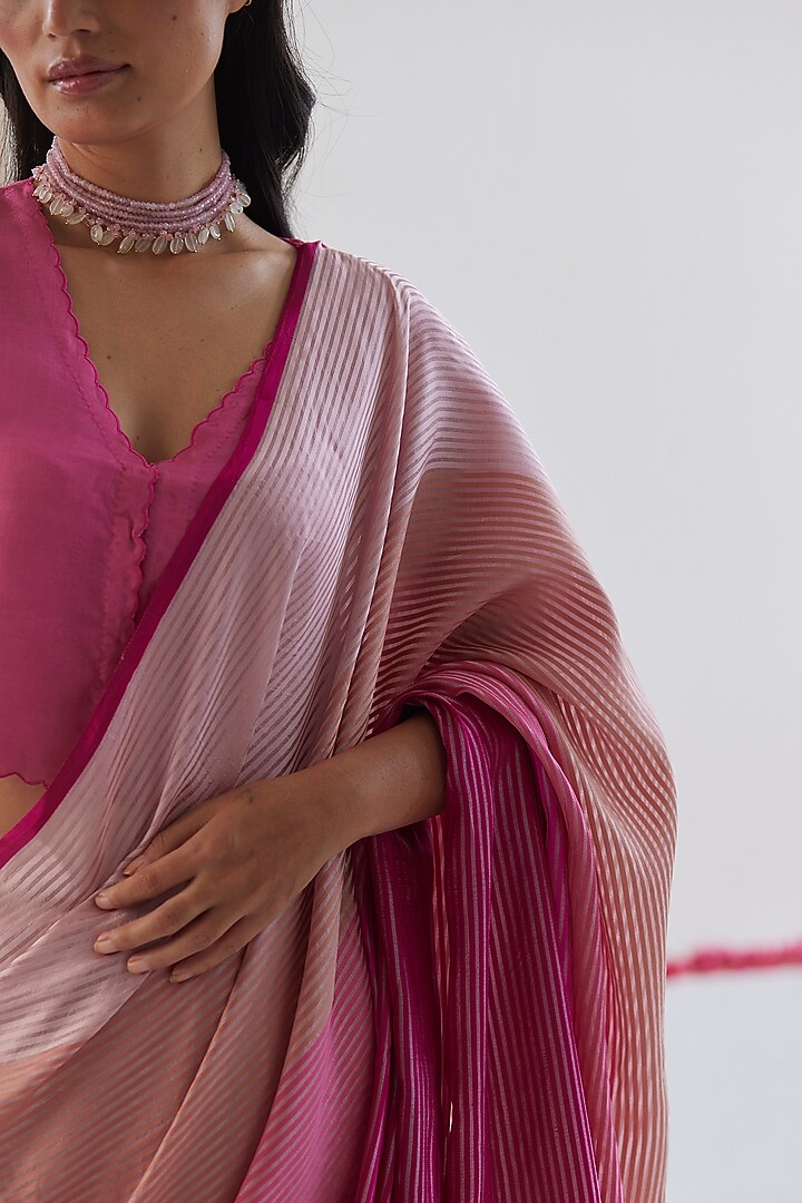 Pink Handwoven Organza Silk Satin Striped Party Wear Saree by Surmaye at Pernia's Pop Up Shop