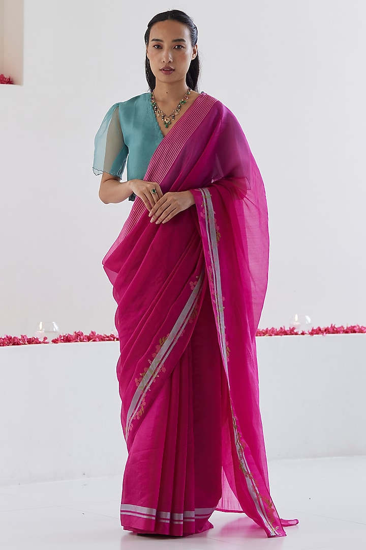 Pink Mulberry Silk Jamdani Motifs Party Wear Saree by Surmaye at Pernia's Pop Up Shop