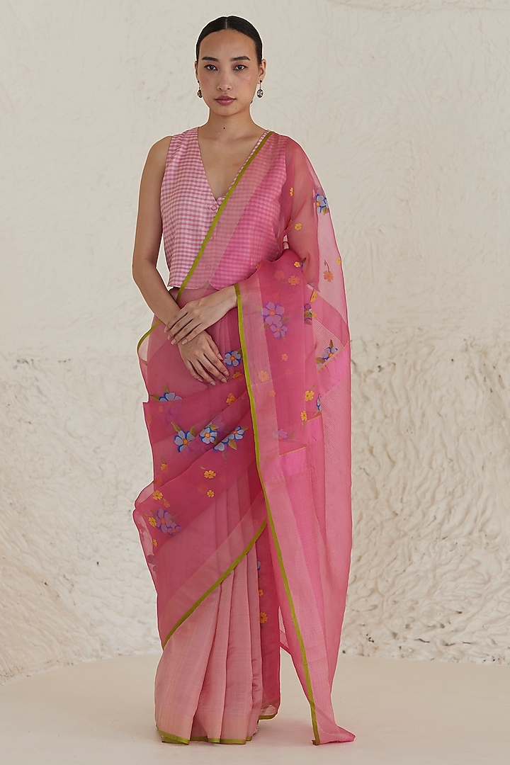 Carnation Pink Mulberry Silk Jamdani Motifs Wedding Saree by Surmaye at Pernia's Pop Up Shop