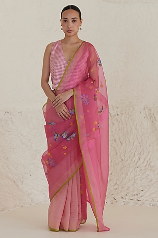 Carnation Pink Mulberry Silk Jamdani Motifs Saree by Surmaye