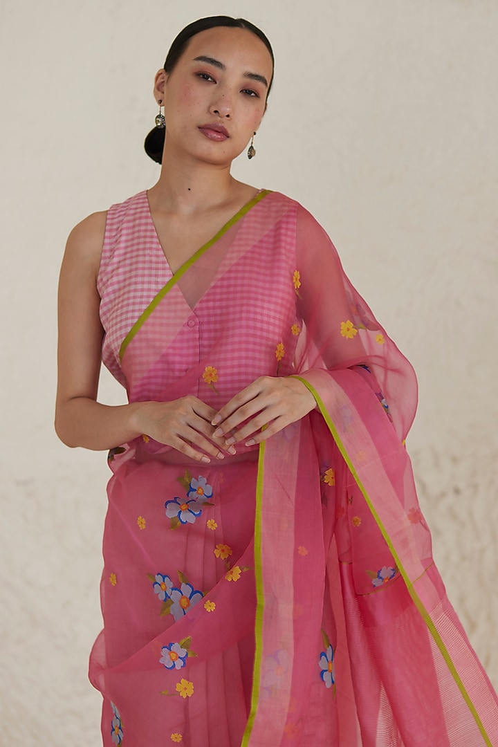 Carnation Pink Mulberry Silk Jamdani Motifs Wedding Saree by Surmaye at Pernia's Pop Up Shop