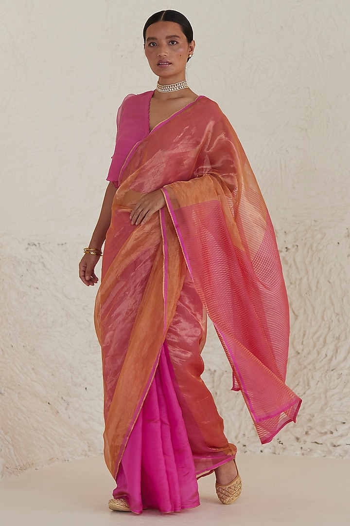 Pink & Orange Mulberry Silk Zari Striped Festive Saree by Surmaye at Pernia's Pop Up Shop