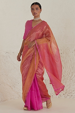Pink & Orange Mulberry Silk Zari Striped Saree by Surmaye