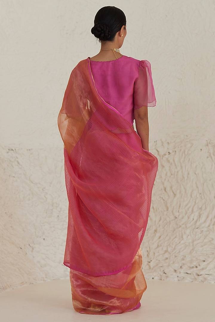 Pink & Orange Mulberry Silk Zari Striped Festive Saree by Surmaye at Pernia's Pop Up Shop