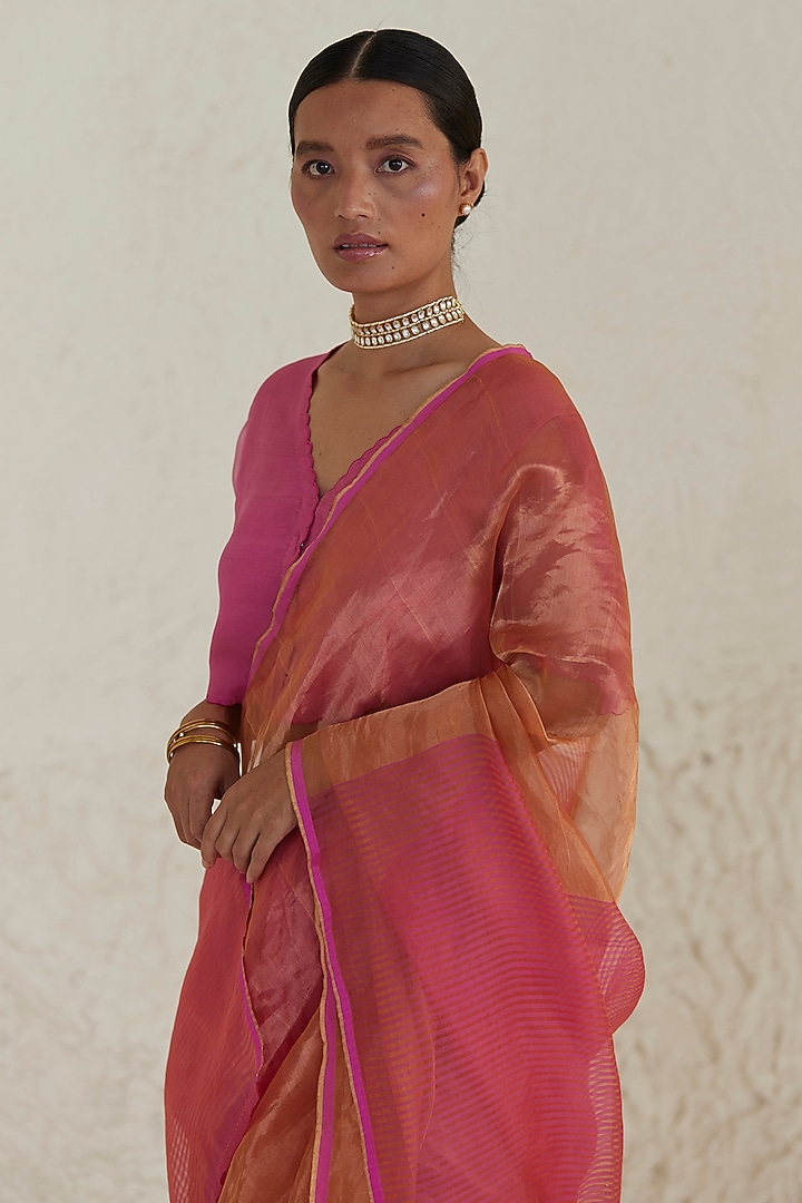Pink & Orange Mulberry Silk Zari Striped Festive Saree by Surmaye at Pernia's Pop Up Shop