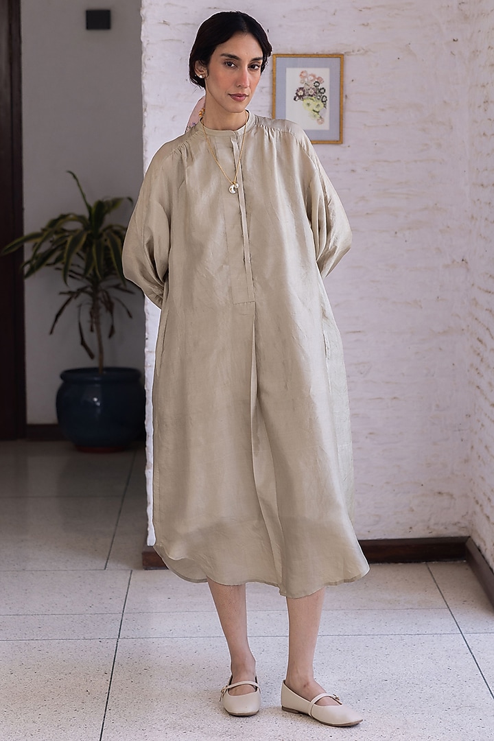 Beige Handwoven Mulberry Silk Vacation Dress by Surmaye  at Pernia's Pop Up Shop