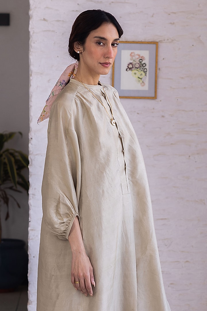 Beige Handwoven Mulberry Silk Vacation Dress by Surmaye at Pernia's Pop Up Shop