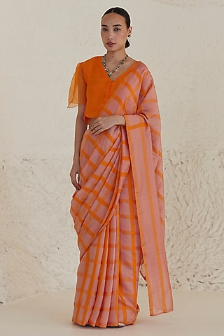 Blush Pink & Orange Handwoven Silk Modal Checkered Saree by Surmaye