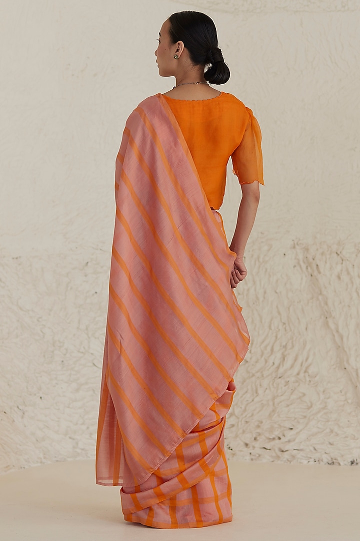 Blush Pink & Orange Handwoven Silk Modal Checkered Festive Saree by Surmaye at Pernia's Pop Up Shop