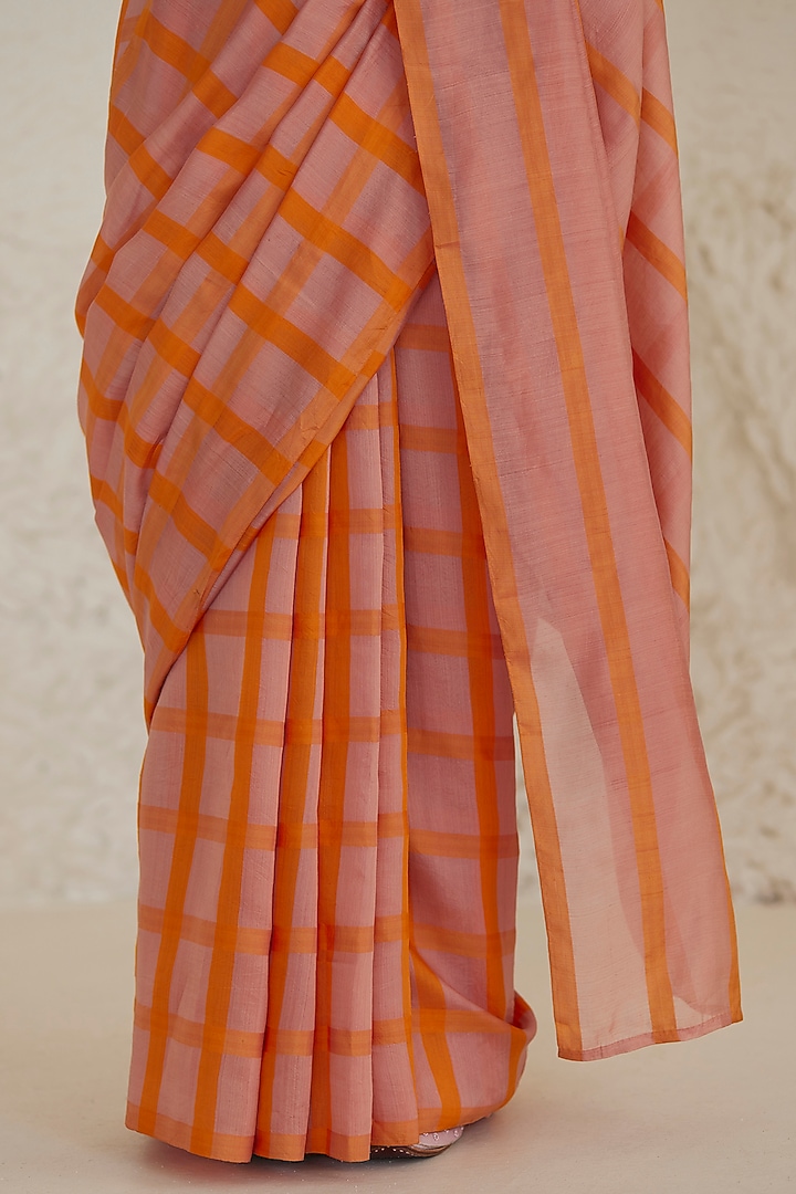 Blush Pink & Orange Handwoven Silk Modal Checkered Festive Saree by Surmaye at Pernia's Pop Up Shop