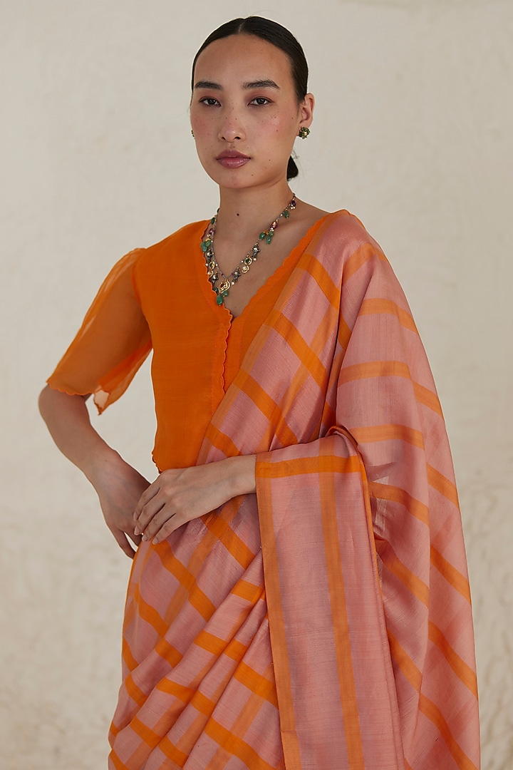 Blush Pink & Orange Handwoven Silk Modal Checkered Festive Saree by Surmaye at Pernia's Pop Up Shop