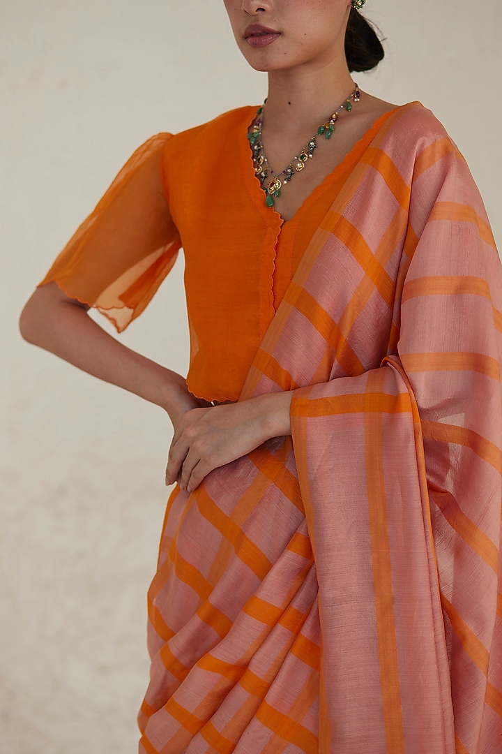 Blush Pink & Orange Handwoven Silk Modal Checkered Festive Saree by Surmaye at Pernia's Pop Up Shop