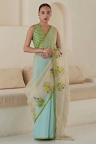 Sea Foam Colored & Beige Mulberry Silk Jamdani Motifs Saree by Surmaye